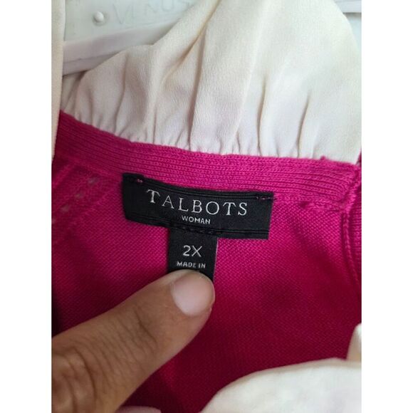 NWOT Talbots Women Pink w/White Ruffe Collar Knit Cotton Sweater size 2X - Picture 5 of 8